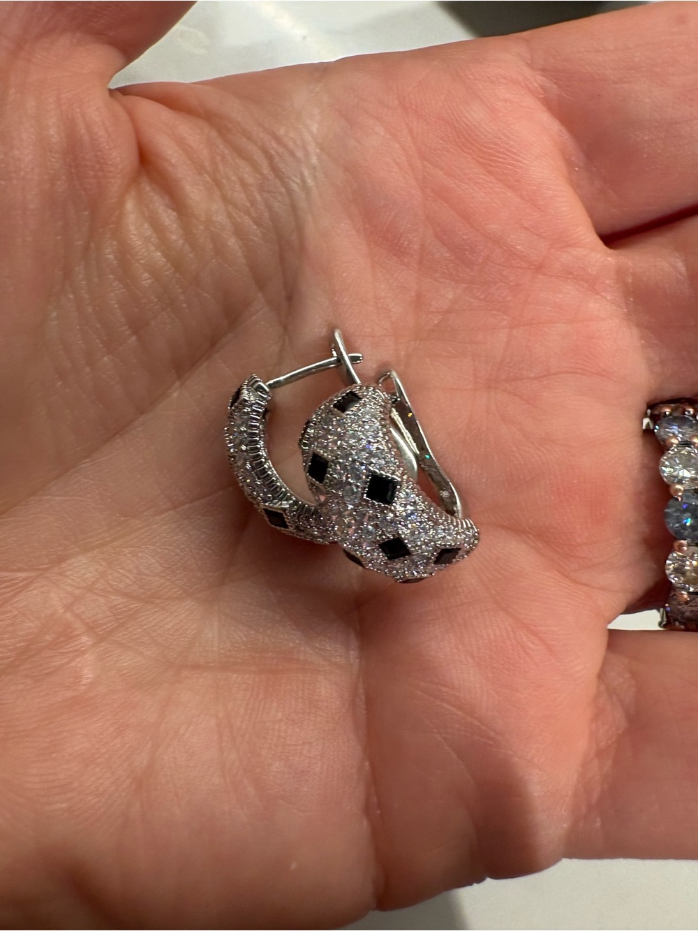 Pavé Crystal Hoop Earrings with Black Square Accents - Silver